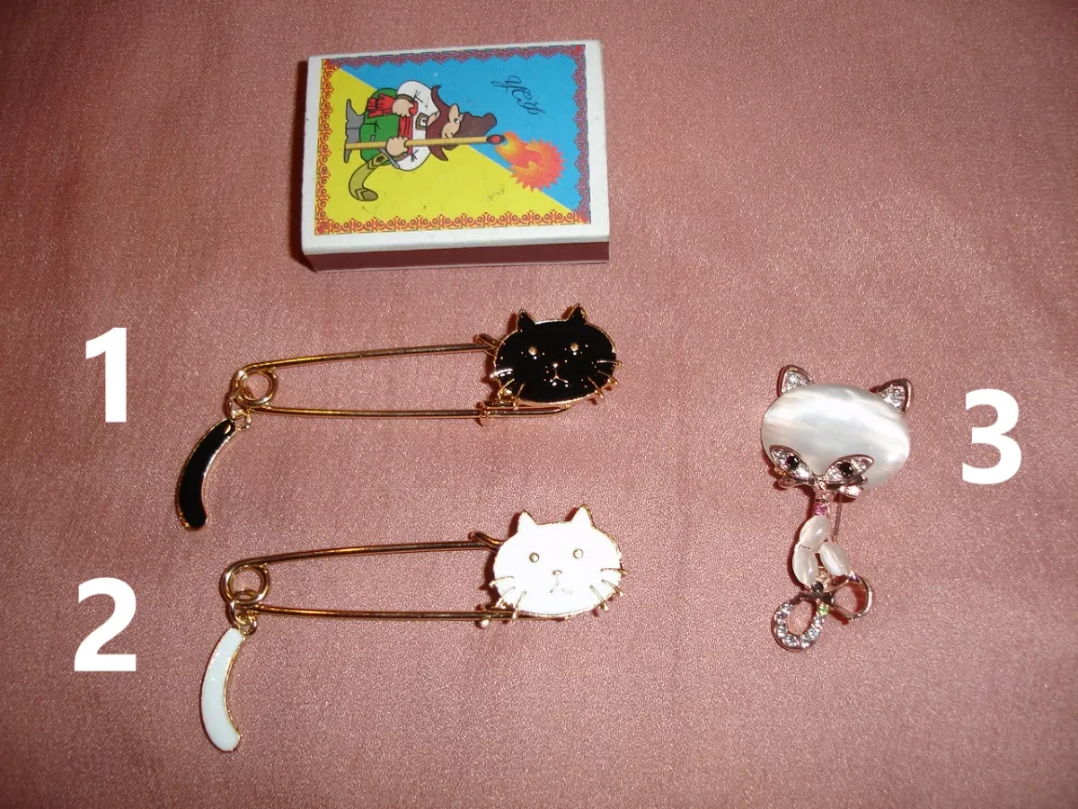 Брошь-БУЛАВКА/брошка-ШПИЛЬКА КІТ (чорний, білий і гламурний). НОВА 3
