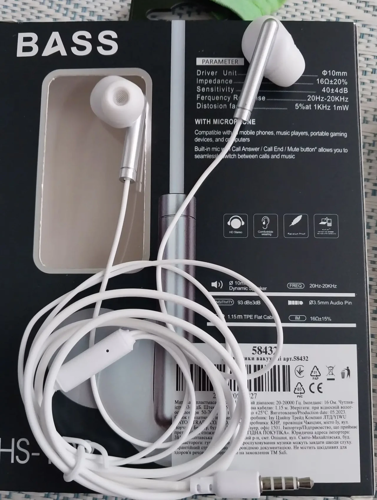 Наушники вакуумные стерео Bass Earphone Universal L-202 3,5 мм 8