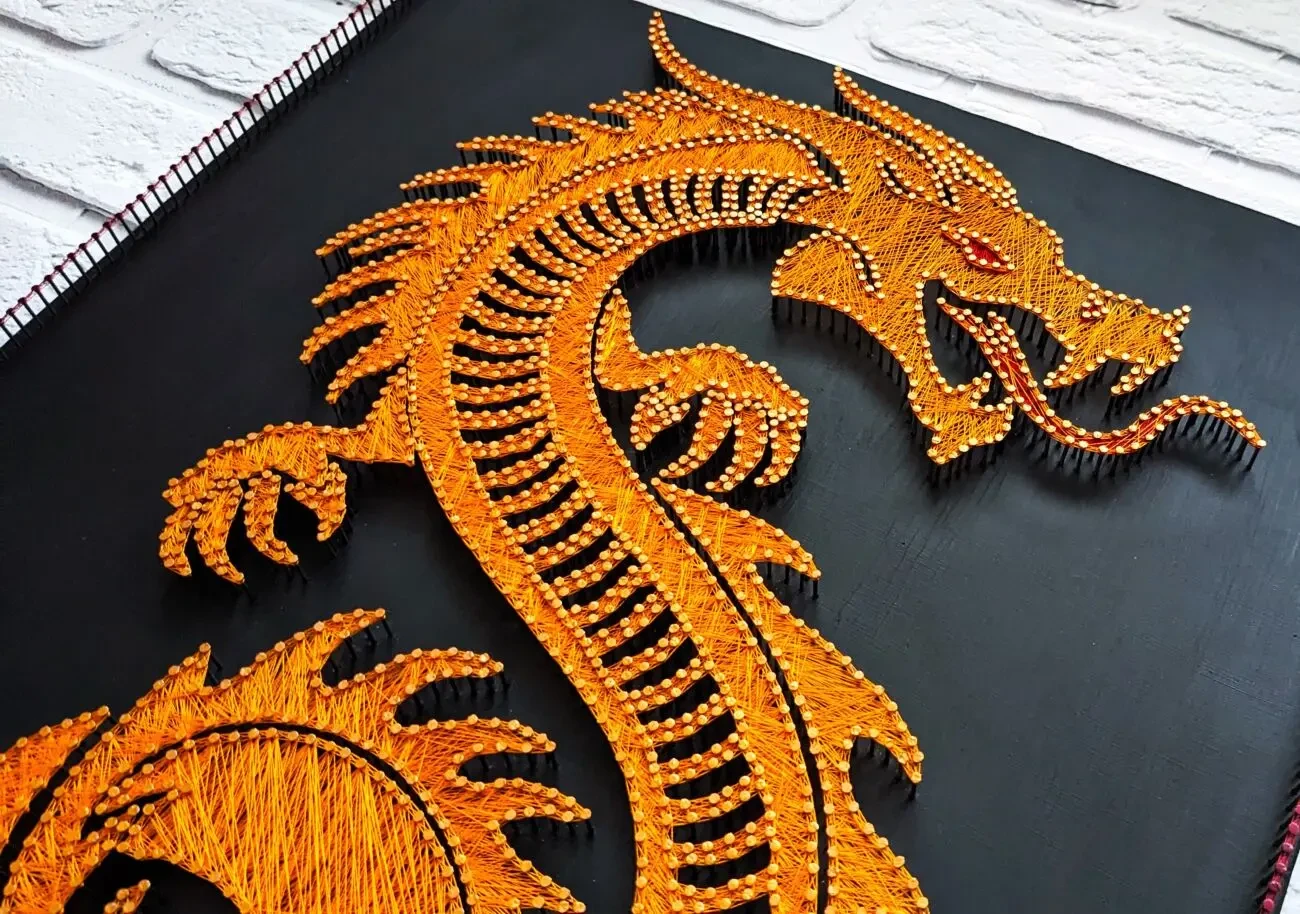 Картина вогняний дракон, китайський декор на стіну, золотий дракон арт 9