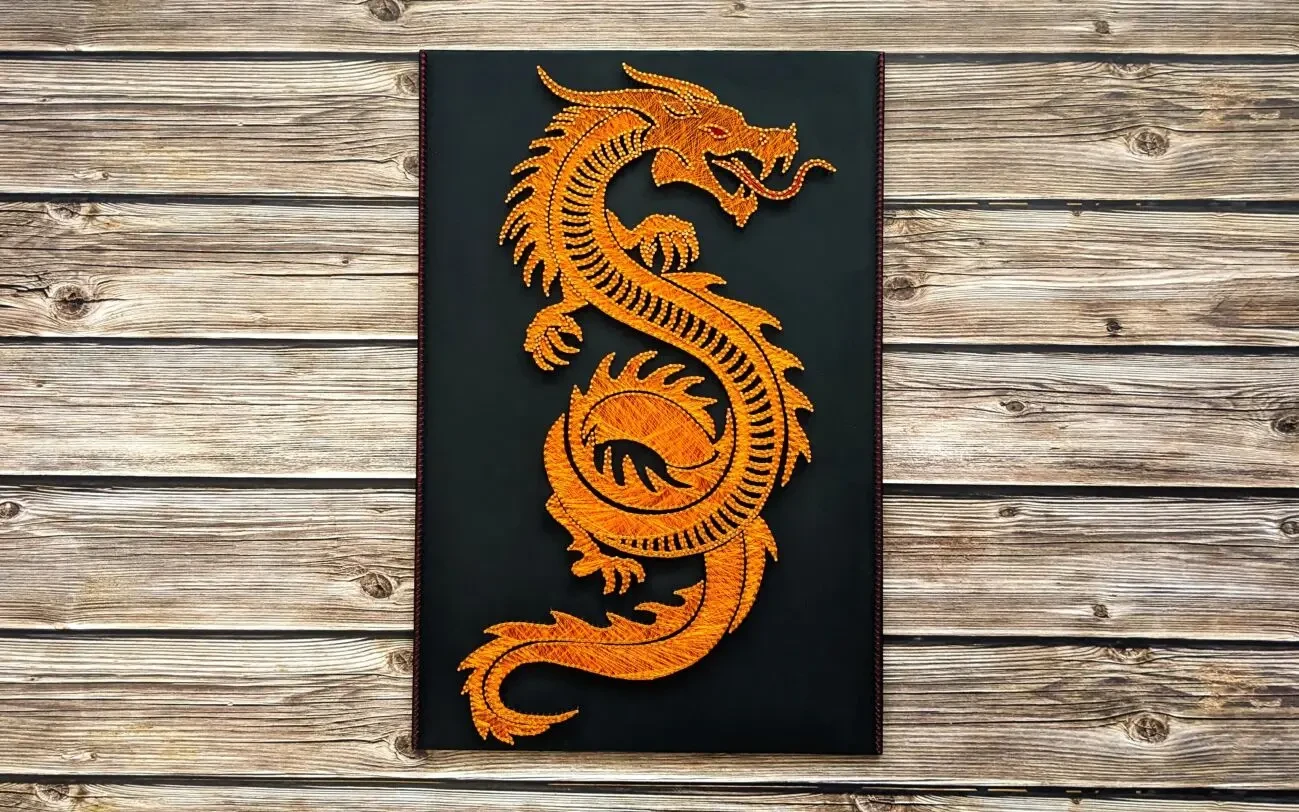 Картина вогняний дракон, китайський декор на стіну, золотий дракон арт