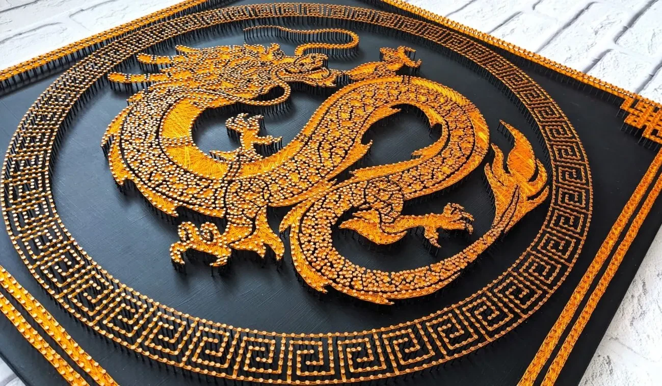 Картина дракон, китайський декор на стіну, золотий дракон арт 5