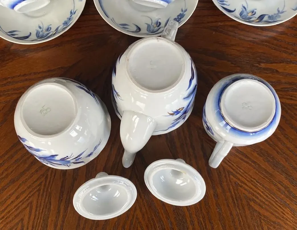 Сервиз чайный Голубой цветок 15 предметов позолота Барановка 6