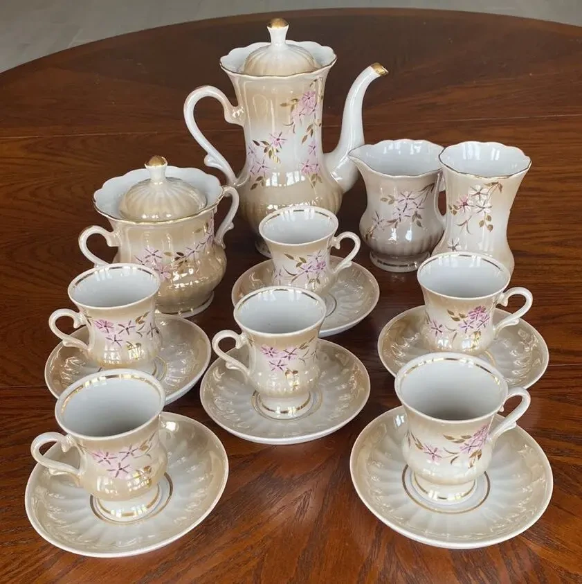 Сервиз кофейный Цветущий персик 16 предметов позолота Городница 7