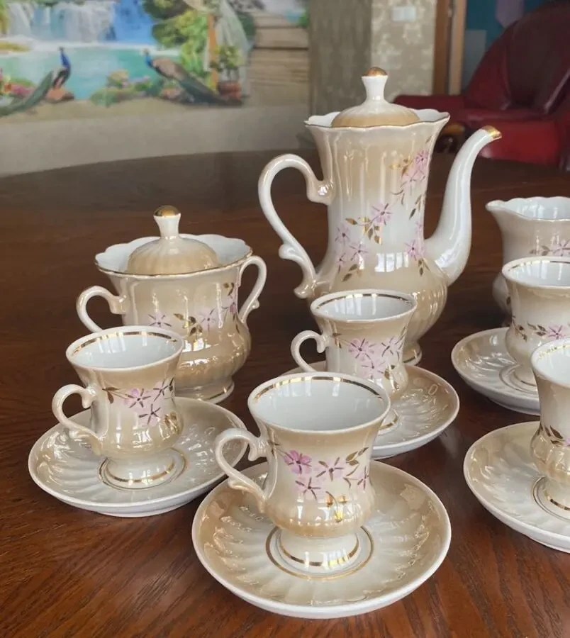 Сервиз кофейный Цветущий персик 16 предметов позолота Городница 2