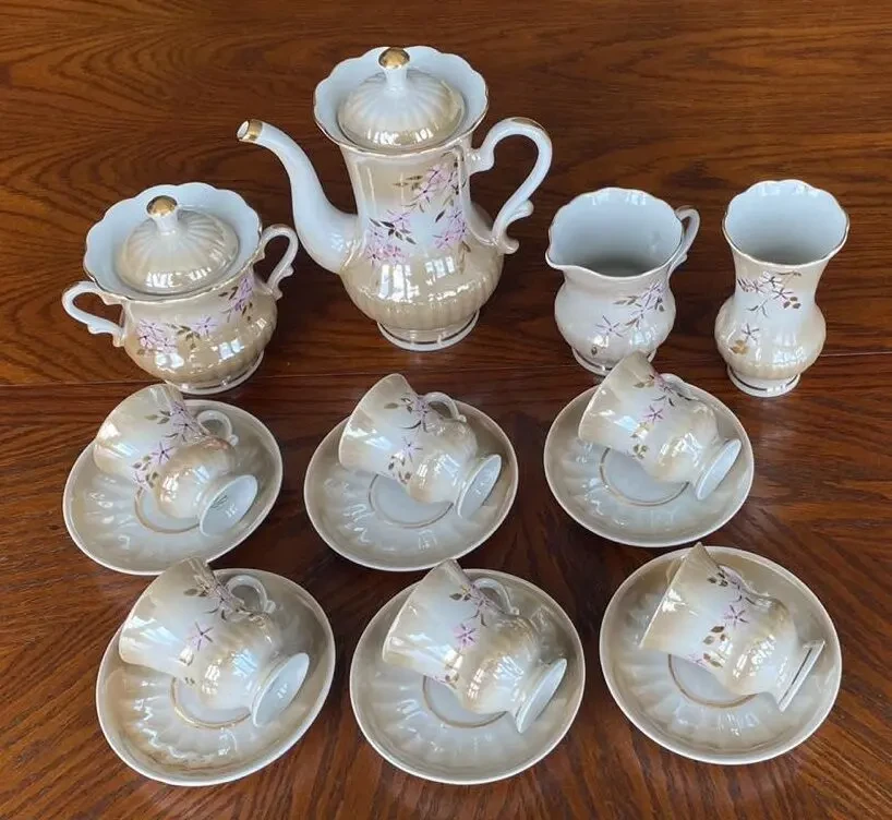 Сервиз кофейный Цветущий персик 16 предметов позолота Городница 5