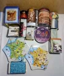 Круглая коробка, шкатулка органайзер жестяная шестиугольная франция