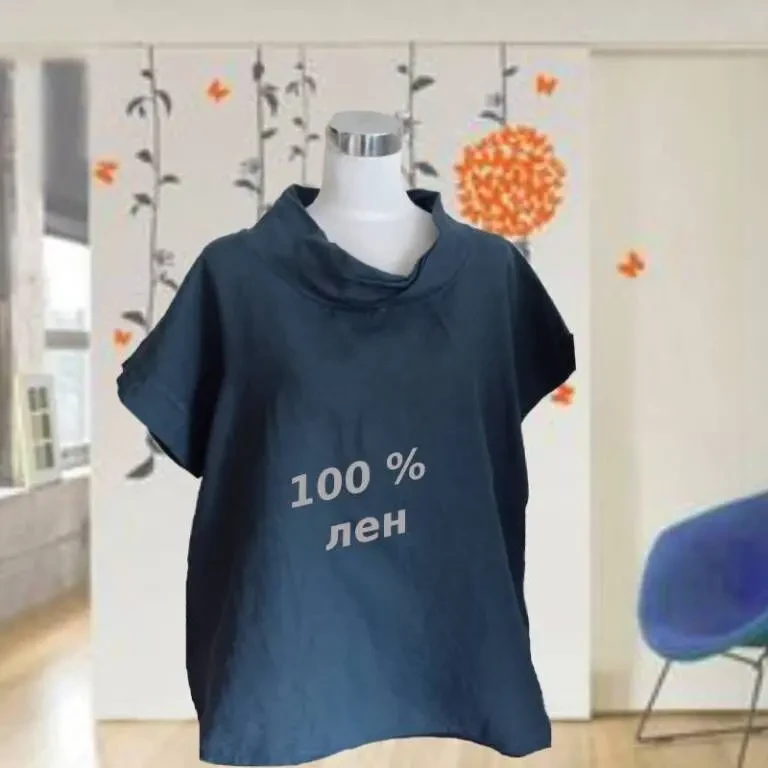 Femella Итальянская льняная женская блузка сизо синяя на 52-54