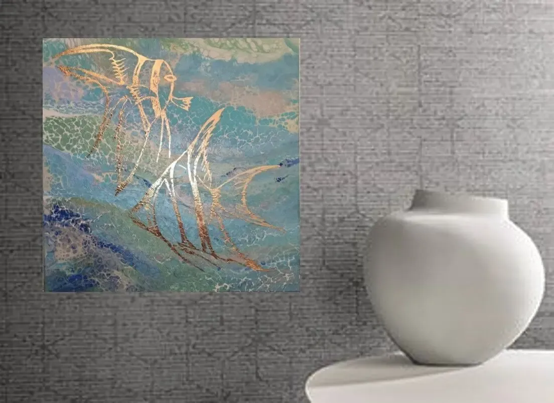 Риби живопис Fluid Art на полотні, акрил та поталь 9