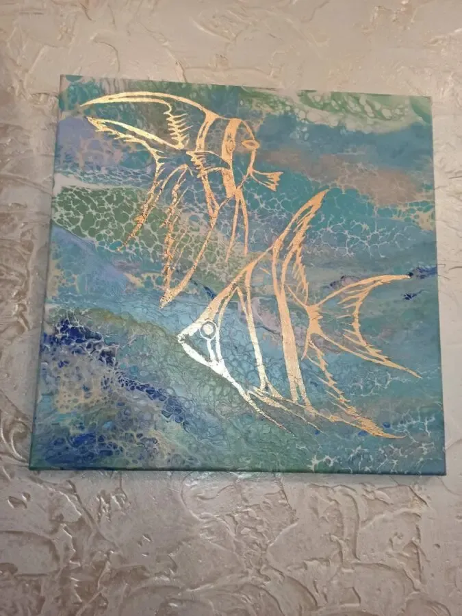 Риби живопис Fluid Art на полотні, акрил та поталь