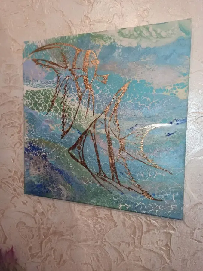 Риби живопис Fluid Art на полотні, акрил та поталь 2