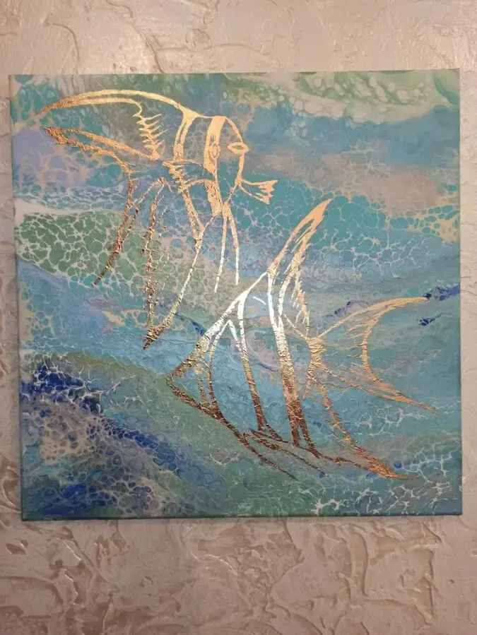 Риби живопис Fluid Art на полотні, акрил та поталь 3