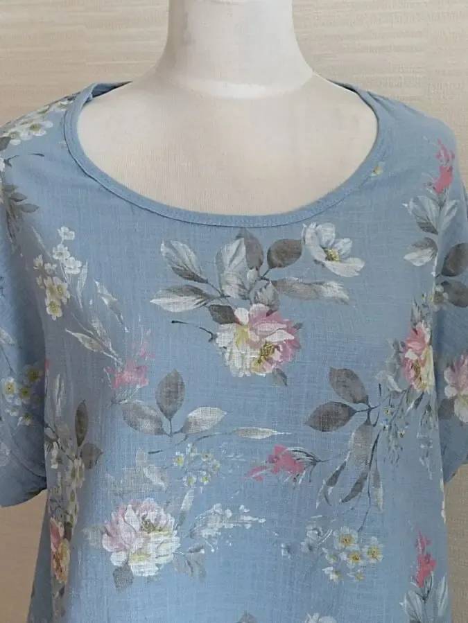 Итальянская блузка женская хлопок св голубая в цветочный принт 50-52 6