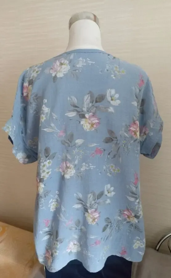 Итальянская блузка женская хлопок св голубая в цветочный принт 50-52 5