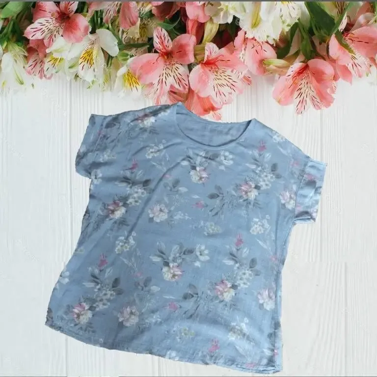 Итальянская блузка женская хлопок св голубая в цветочный принт 50-52 2