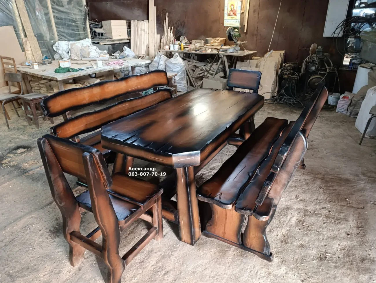 Комплект мебели охотничий - ольха  1800мм ( стол, стулья, лавки ) 3