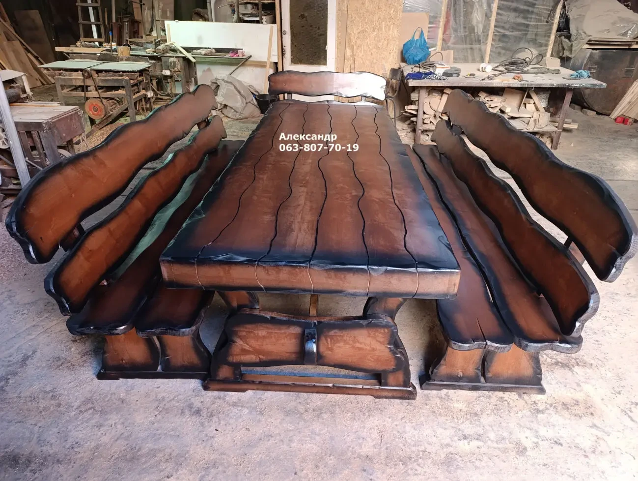 Комплект мебели стол и лавки ( из массива ольхи ) под старину садовая 5