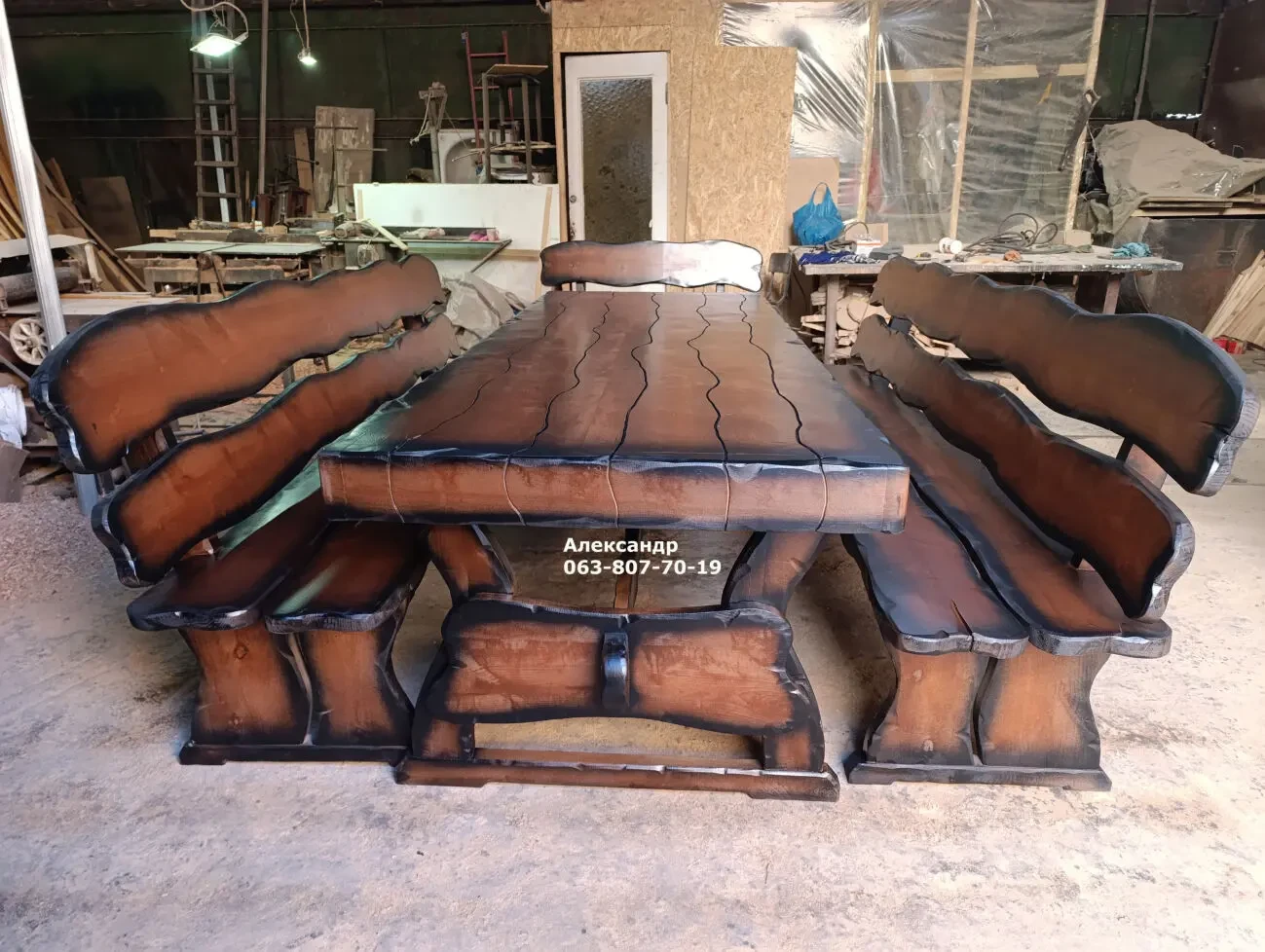 Комплект мебели стол и лавки ( из массива ольхи ) под старину садовая 4