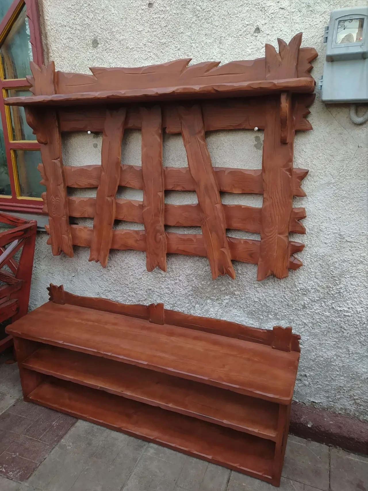 Прихожая деревянная под старину 3( вешалка, полка для обуви ) 2