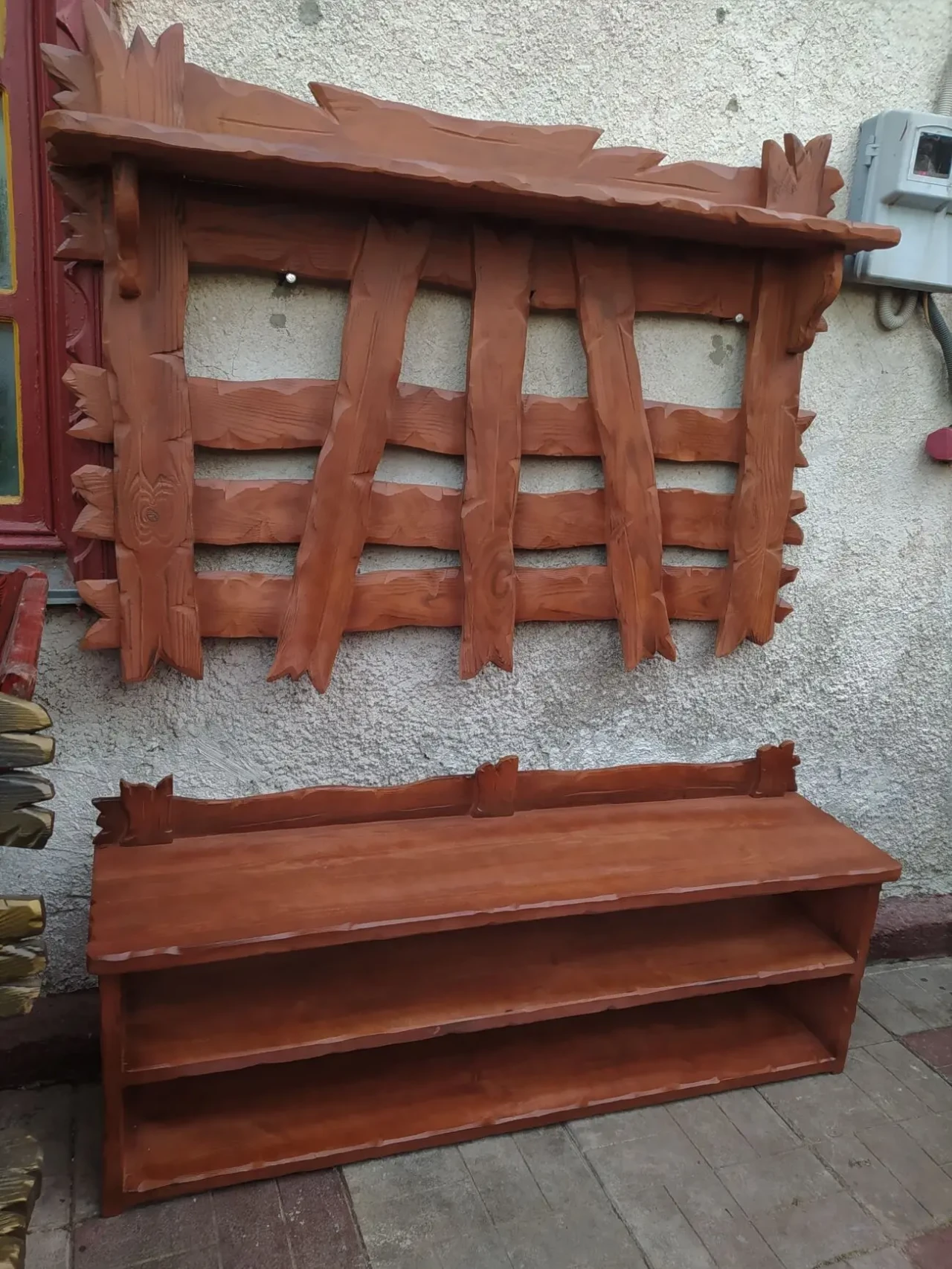 Прихожая деревянная под старину 3( вешалка, полка для обуви )