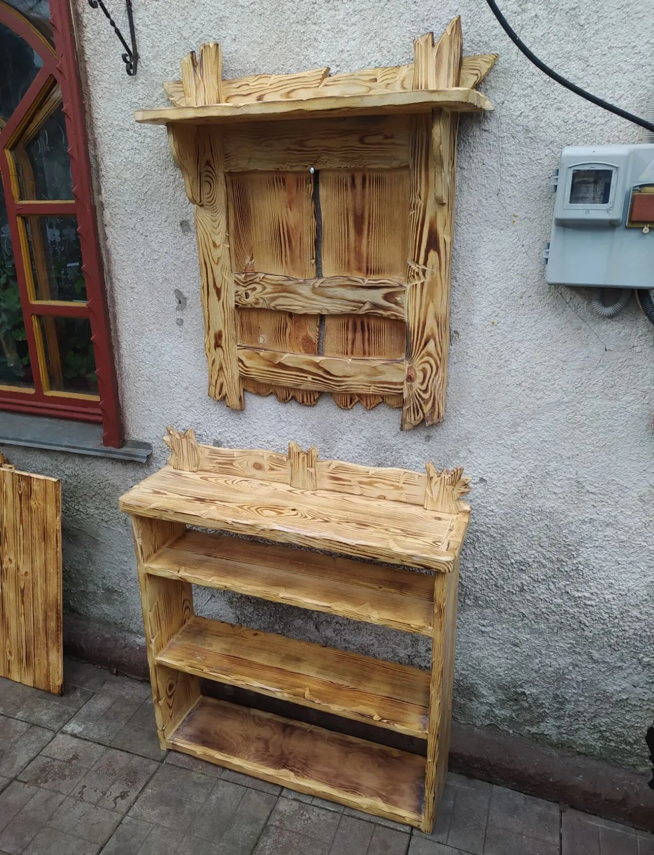 Прихожая банная деревянная под старину 8 (вешалка, полка для обуви