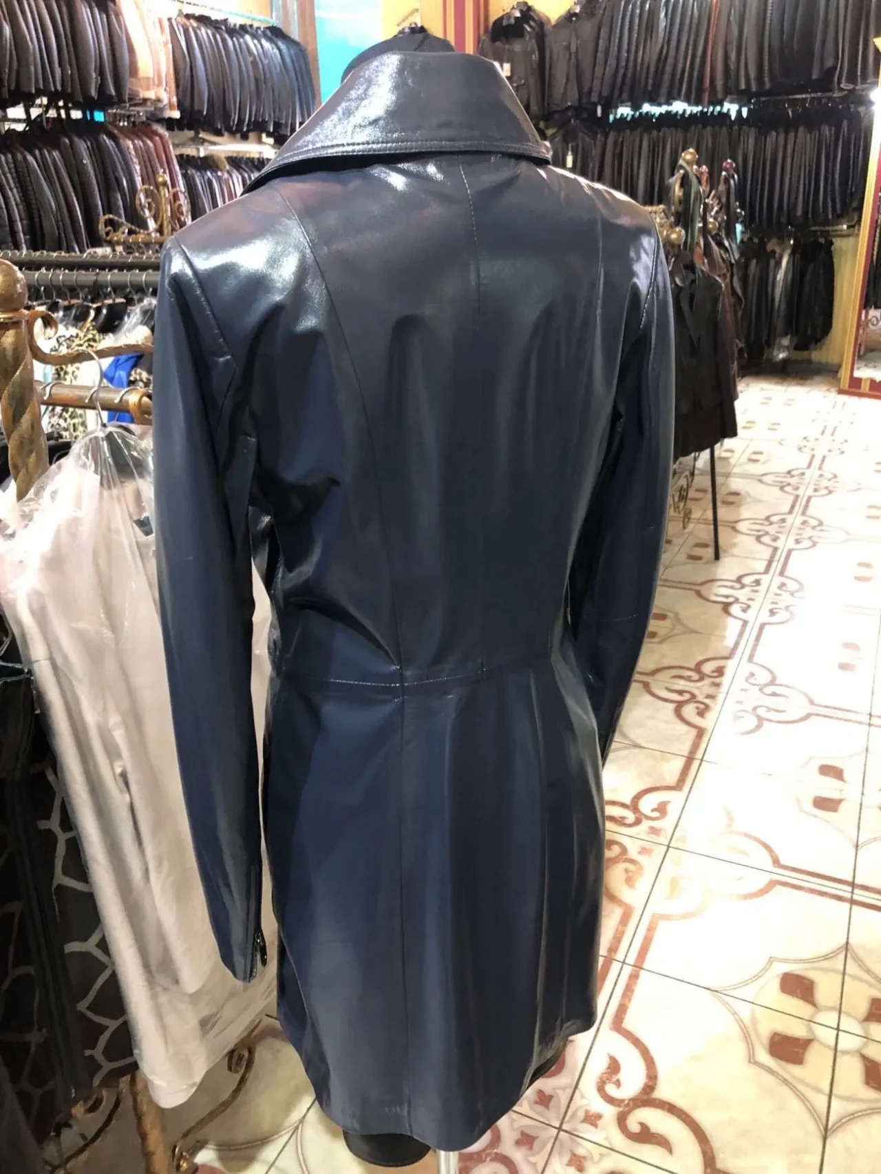 Френч шкіряний,синій,подовжена куртка 2