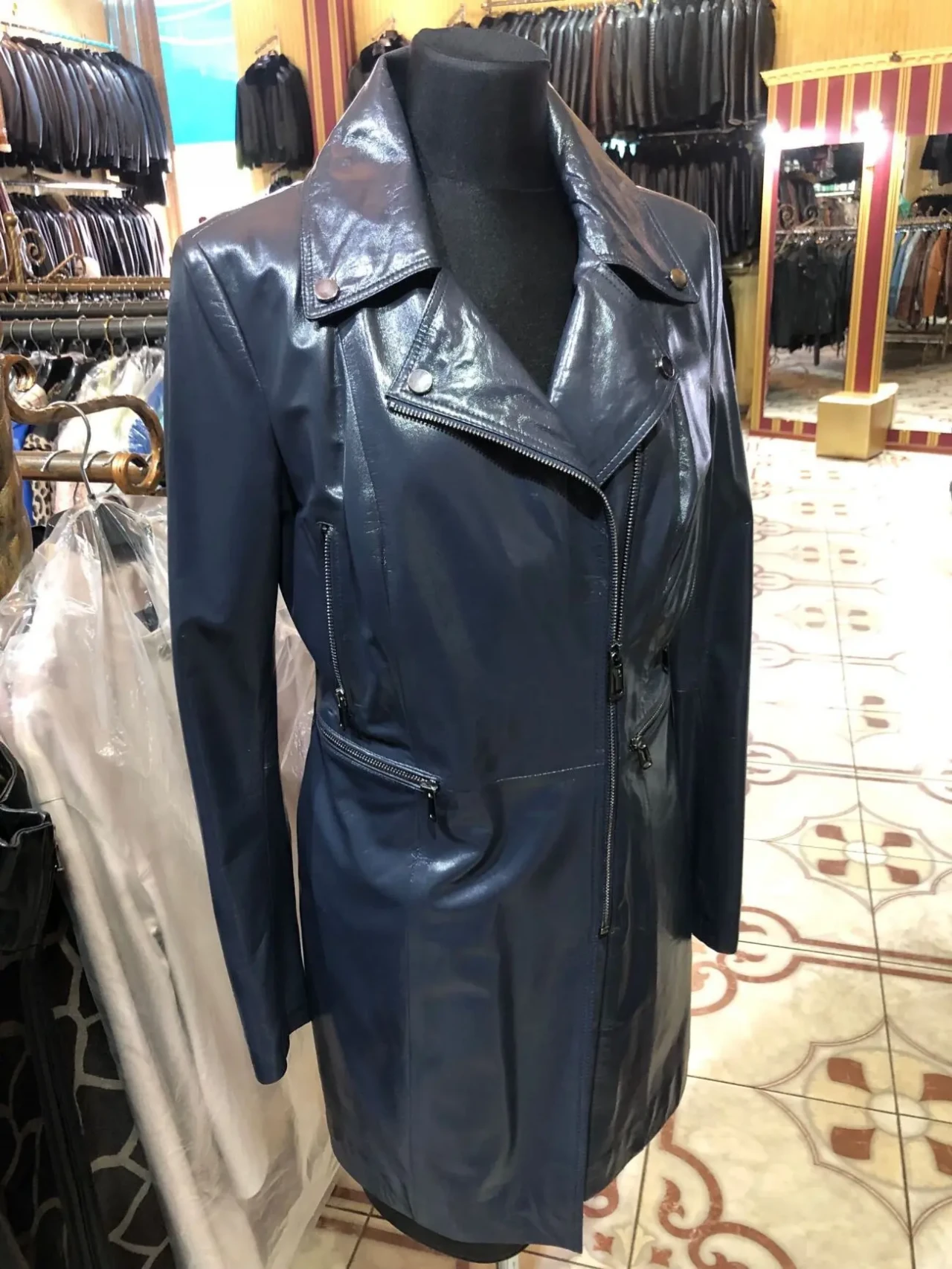 Френч шкіряний,синій,подовжена куртка