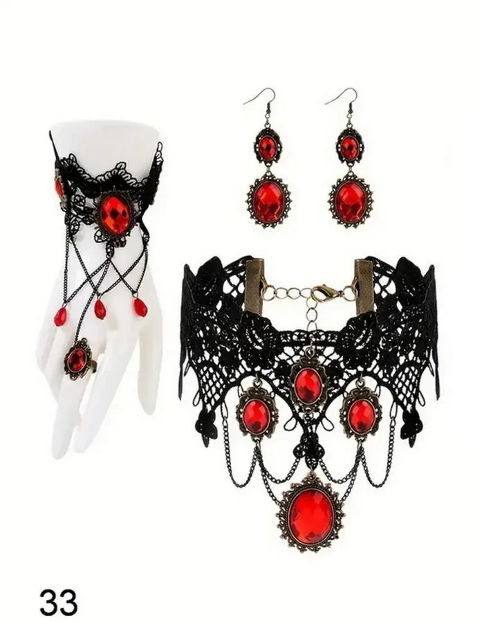 Набір вінтажних прикрас чокер з червоними кристалами, браслет і кільце