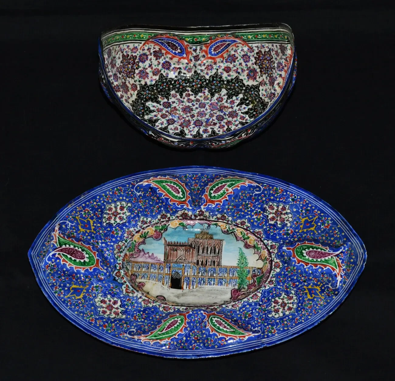 Персидская эмалированная медная чаша и тарелка Кашкуль, расписанная в 3