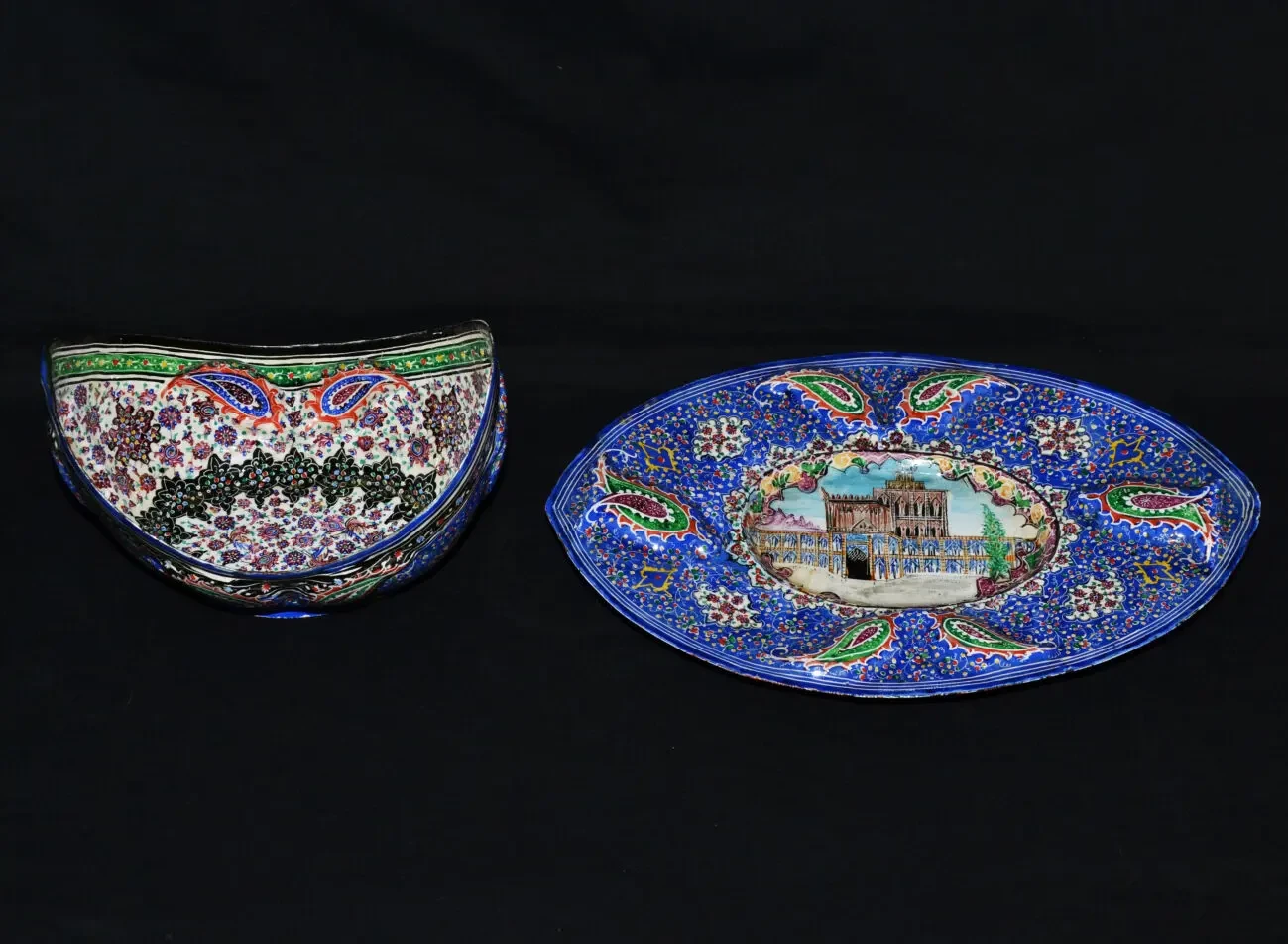 Персидская эмалированная медная чаша и тарелка Кашкуль, расписанная в 8