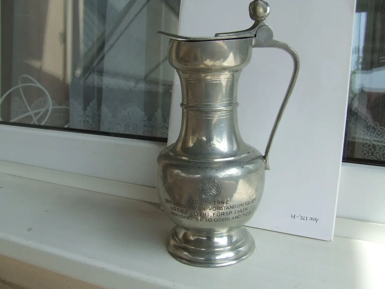 Винтажный оловянный кувшин наградной 1927-1942 г. Германия раз. 24 х 4