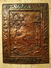 Чеканка картина панно лось в лесу медь