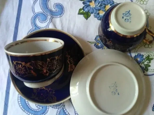 Посуда  чашки, блюдца, сахарница Довбышский фарфор. з-д, кобальт 4