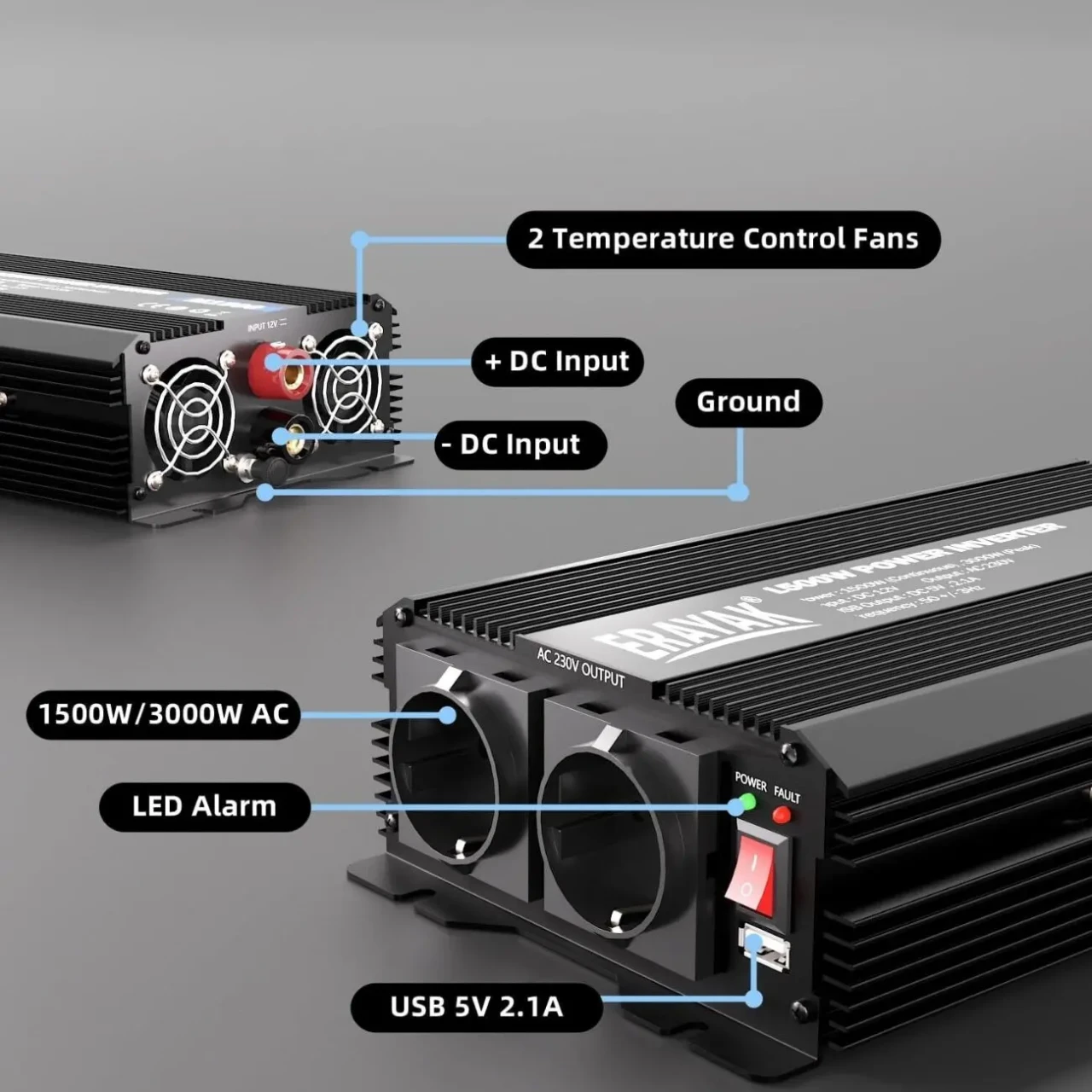 Якісний інвертор ERAYAK M1500 (8102U1) (1500/3000W, 12-220V) 6