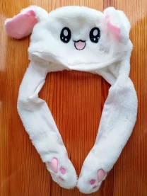 Шапка девочке карнавальная белая зайка, розовый лапки, ушки машут