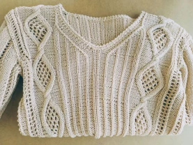 Свитер бежевый л 12 14 хлопок вязаный ажурный трикотаж, длинный рукав