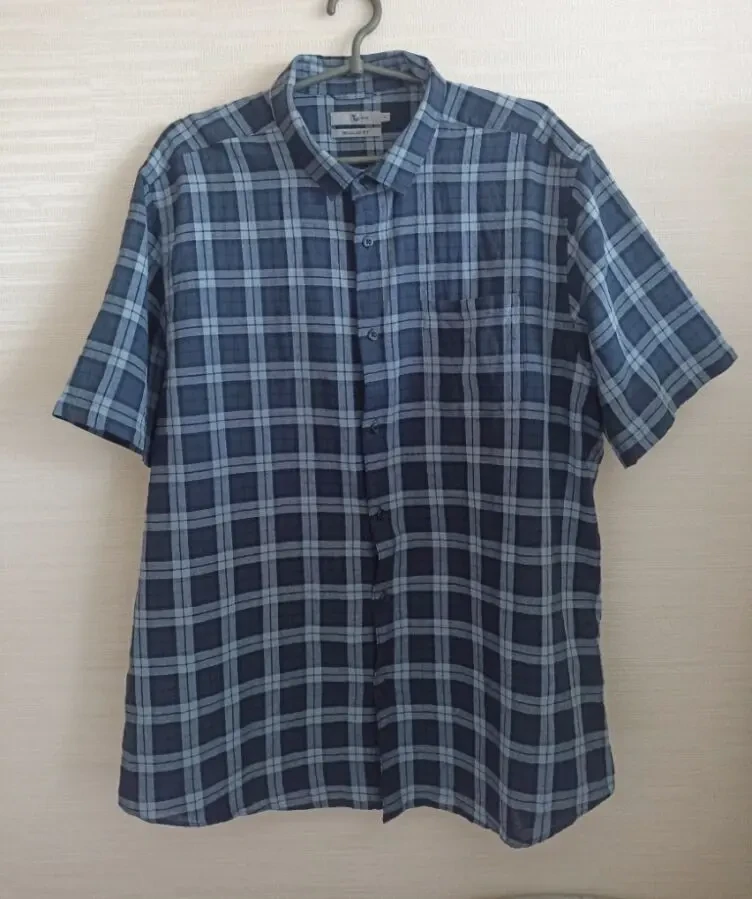 TU Льняная мужская рубашка короткий рукав в клетку на XL 54 5