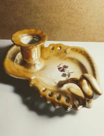 Подсвечник керамика, тарелка с ручкой, бежевый белый, цветок