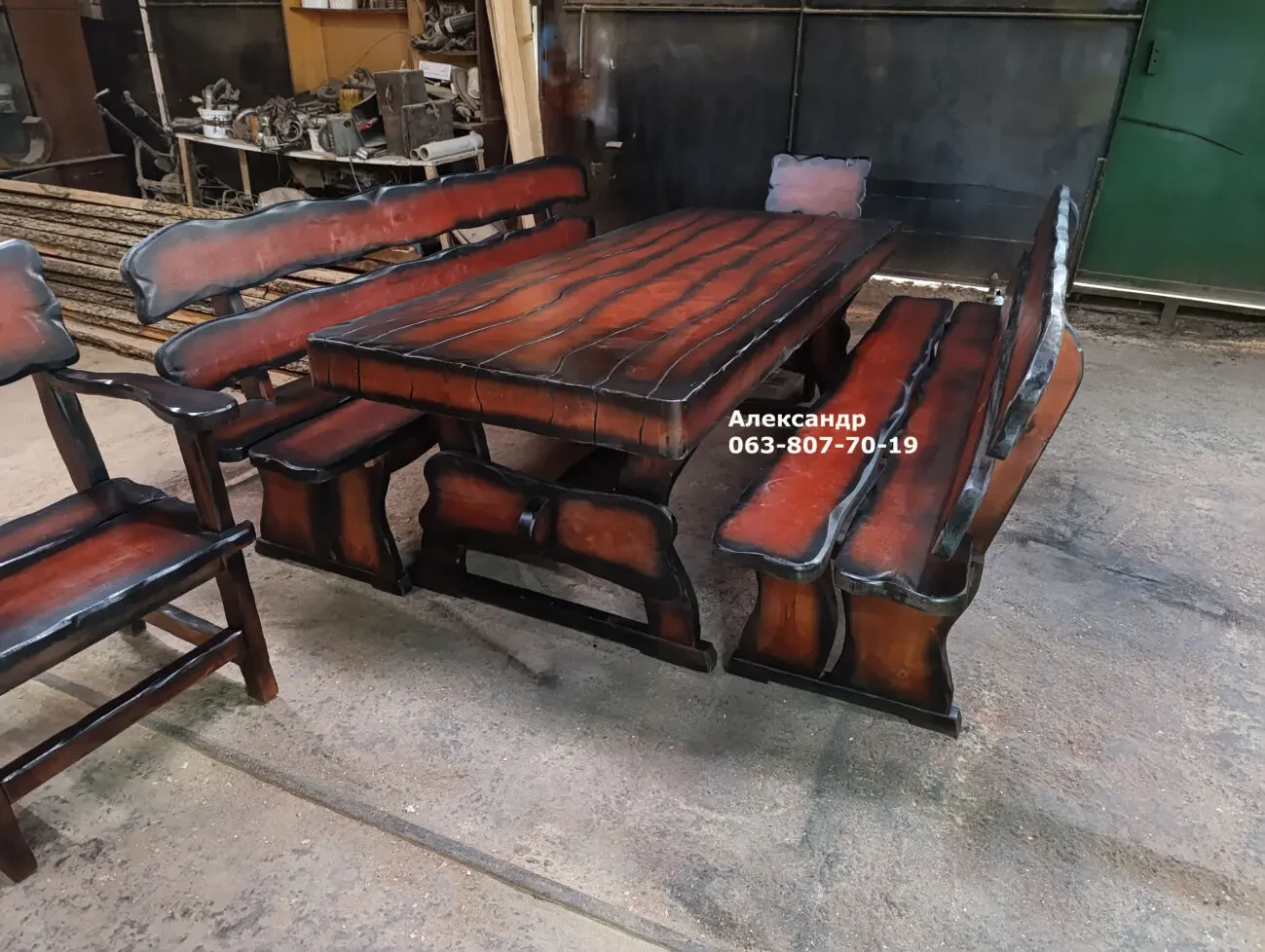 Садовый комплект мебели из ольхи 2 ( стол, лавки, стул, кресло ) улич 3