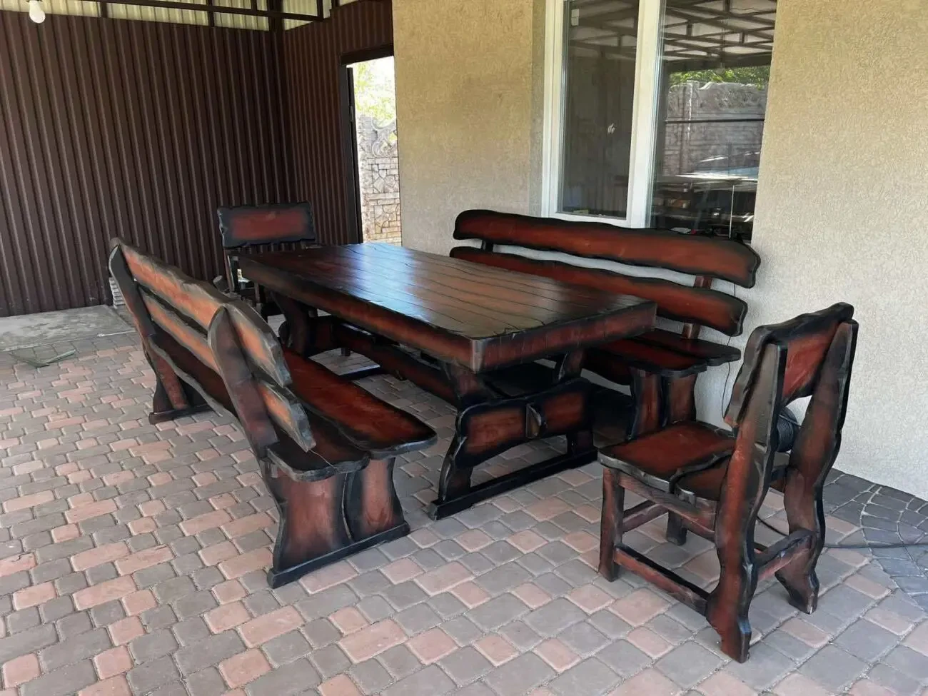 Садовый комплект мебели из ольхи 2 ( стол, лавки, стул, кресло ) улич 2