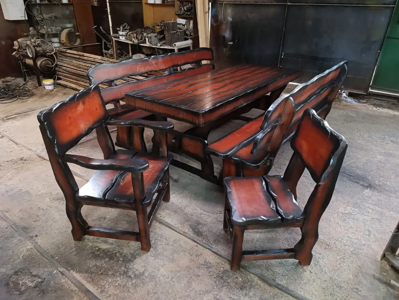 Садовый комплект мебели из ольхи 2 ( стол, лавки, стул, кресло ) улич 8