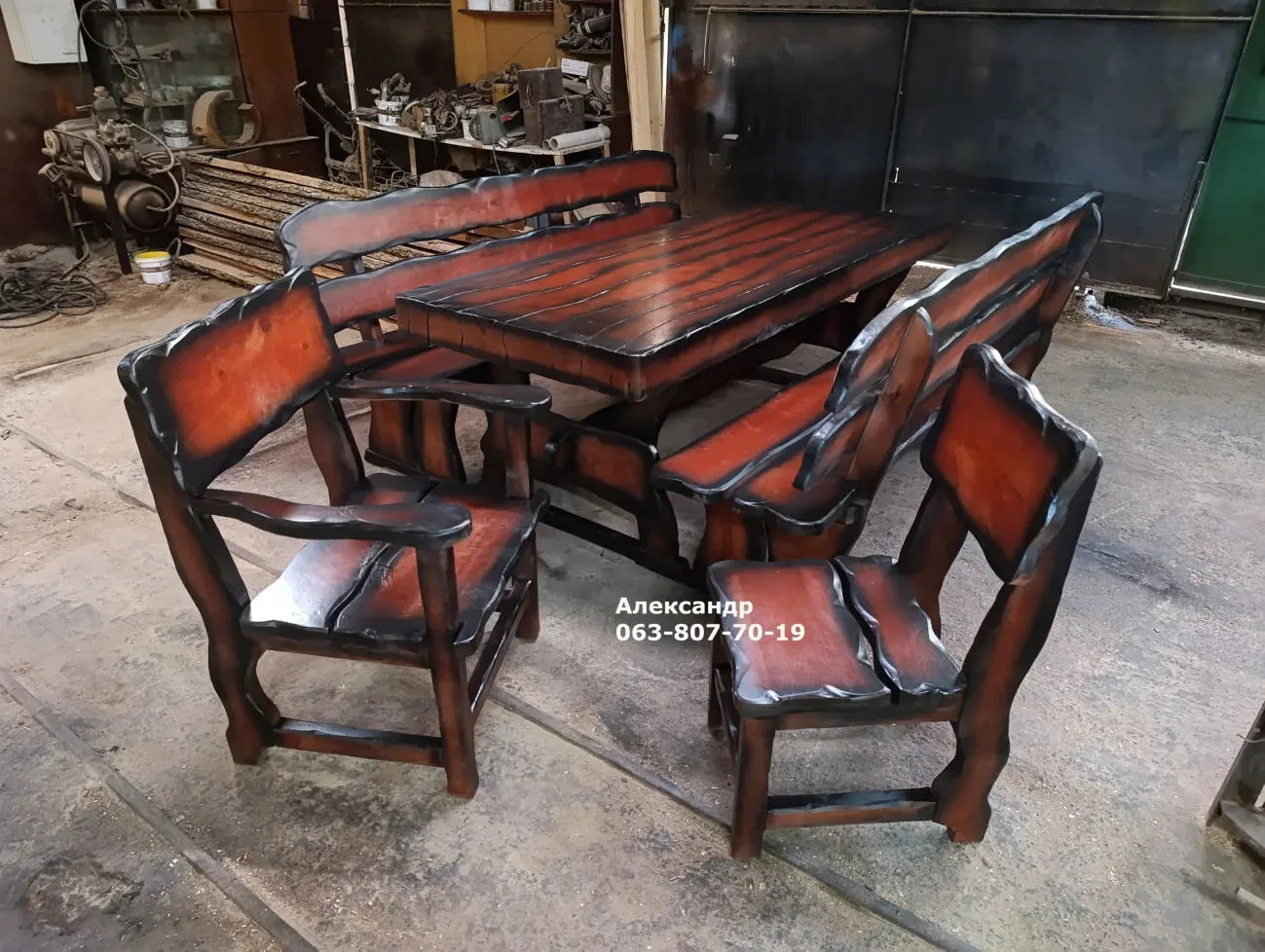 Садовый комплект мебели из ольхи 2 ( стол, лавки, стул, кресло ) улич 5