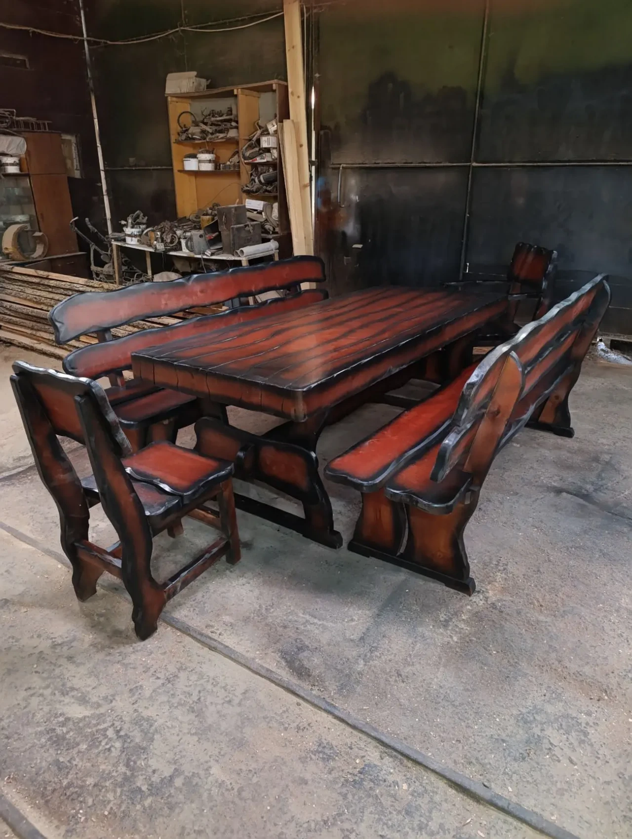 Садовый комплект мебели из ольхи 2 ( стол, лавки, стул, кресло ) улич 6