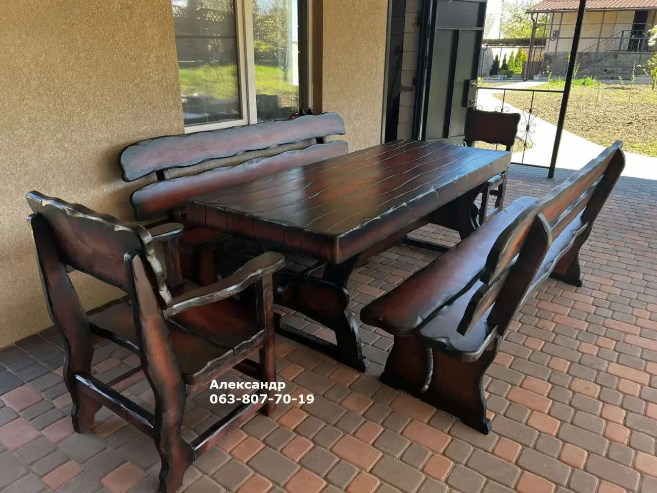 Садовый комплект мебели из ольхи 2 ( стол, лавки, стул, кресло ) улич