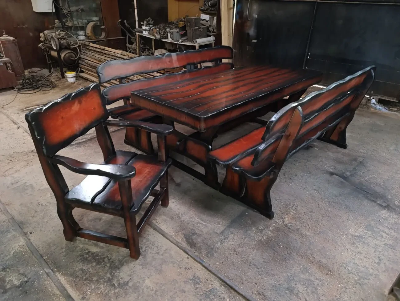 Садовый комплект мебели из ольхи 2 ( стол, лавки, стул, кресло ) улич 7