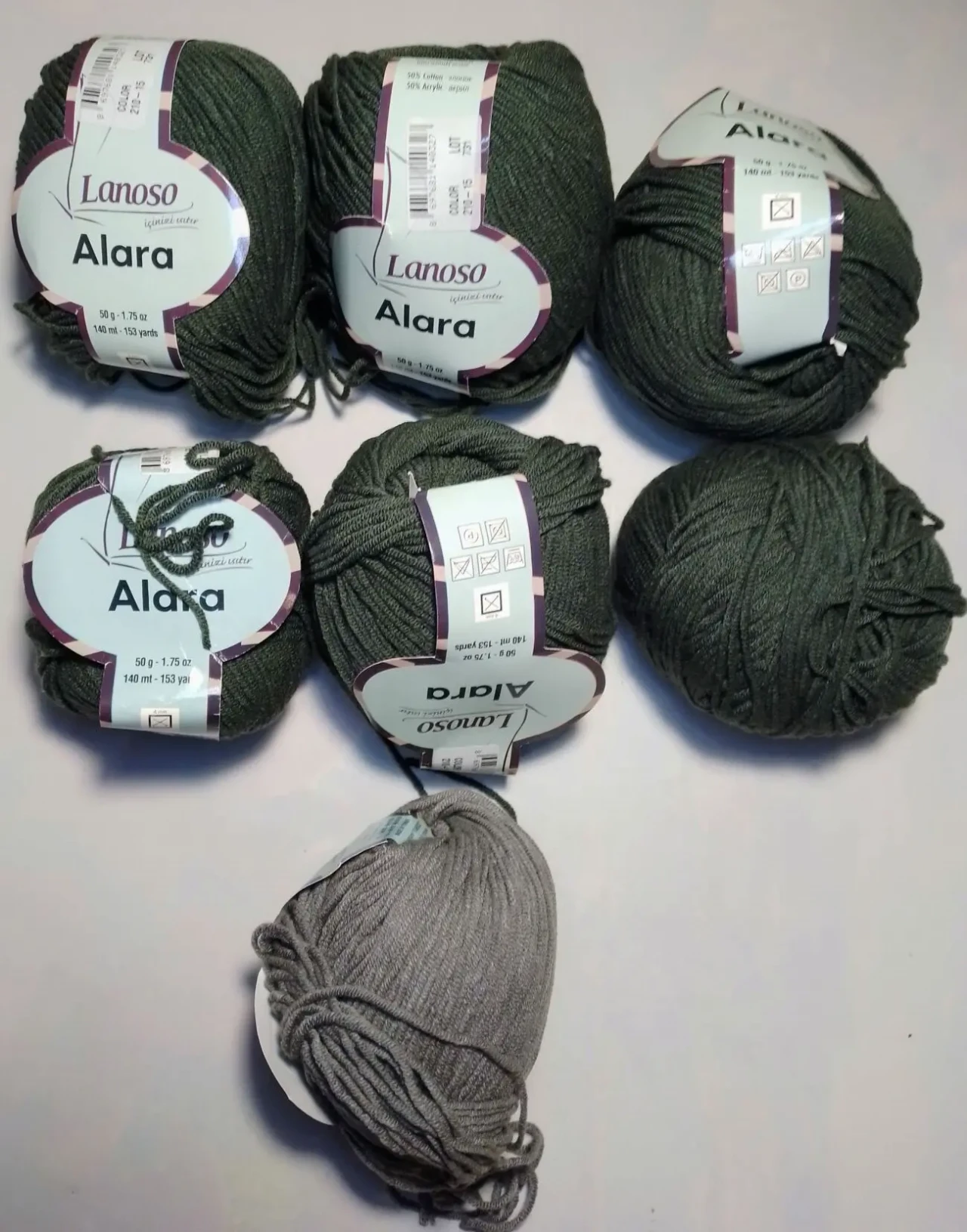 Пряжа зеленая, серая, хлопок, акрил, 50 г 140 м, Lanoso Alara