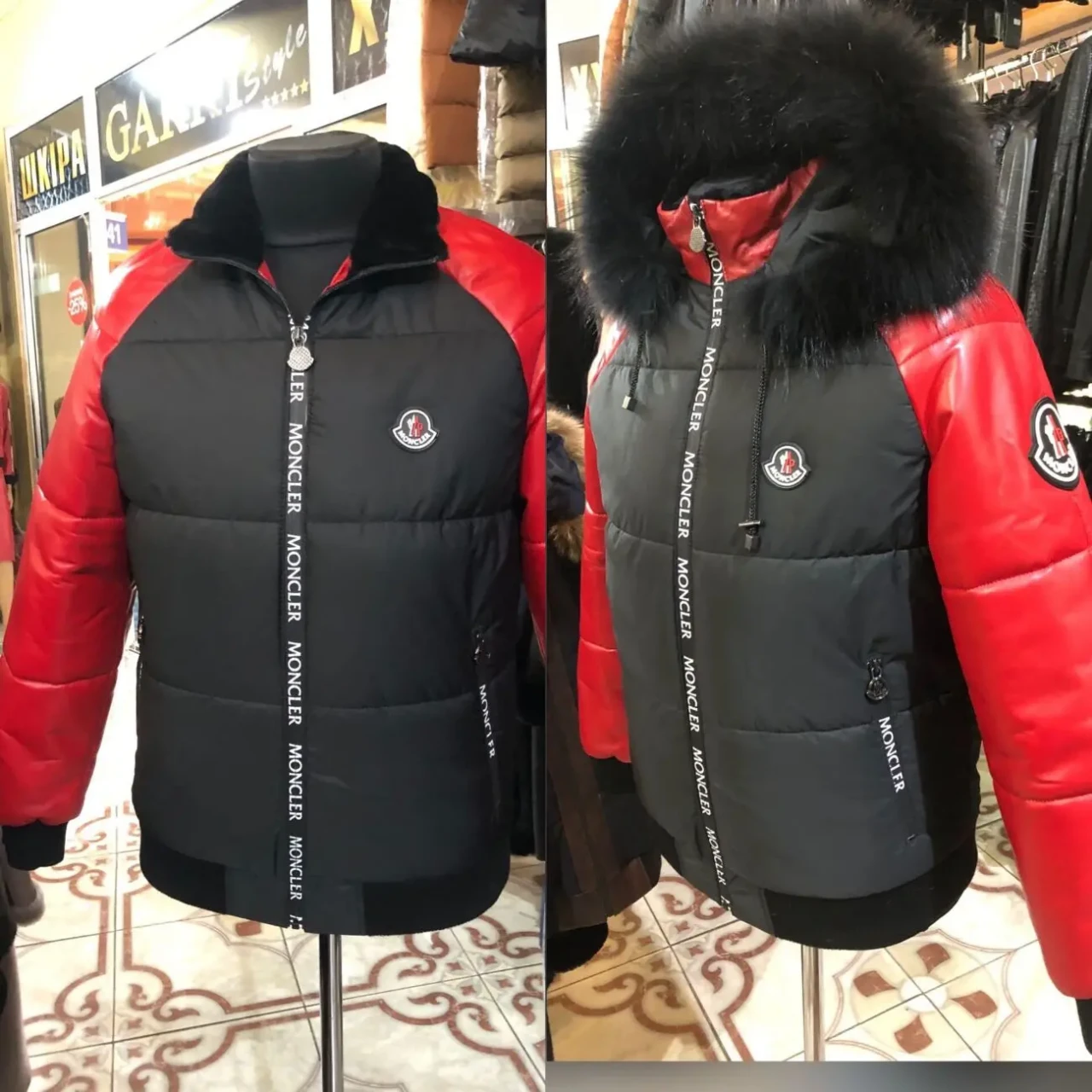 Пуховик комбінований зі шкірою,Moncler