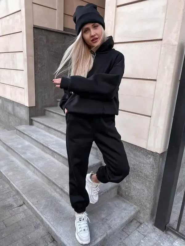 Костюм-трійка на флісі чорний худі, джогери, шапка 4