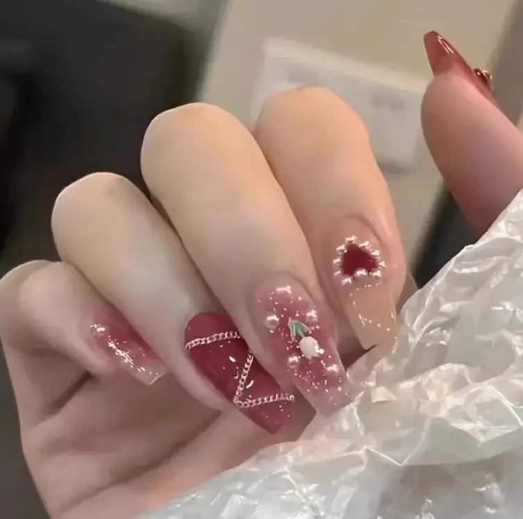 24 шт. накладні нігті-азіатський шик перли та серця 2