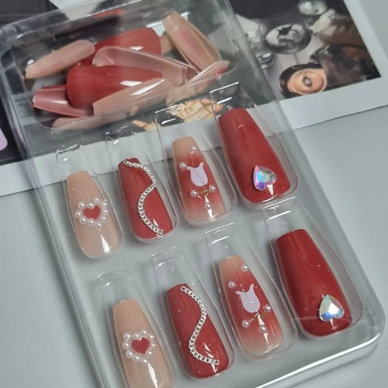 24 шт. накладні нігті-азіатський шик перли та серця 5