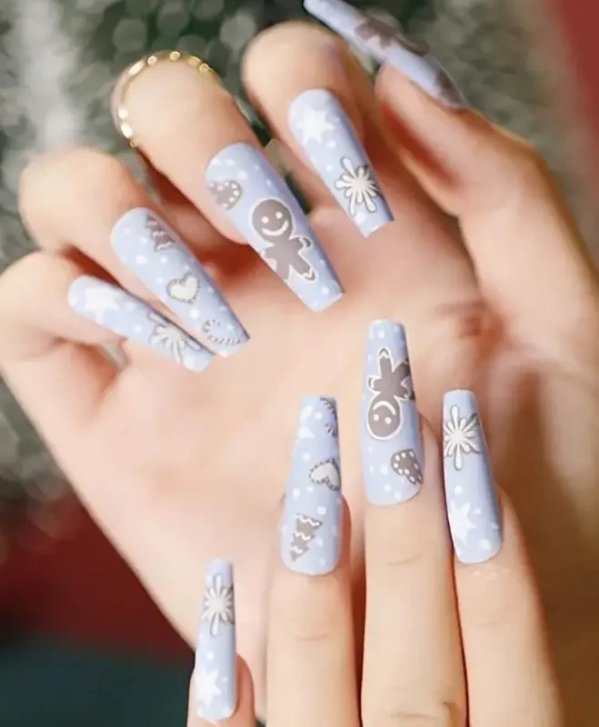24 шт. накладні нігті зі сніжинками та дизайном пряникового чоловічка 2